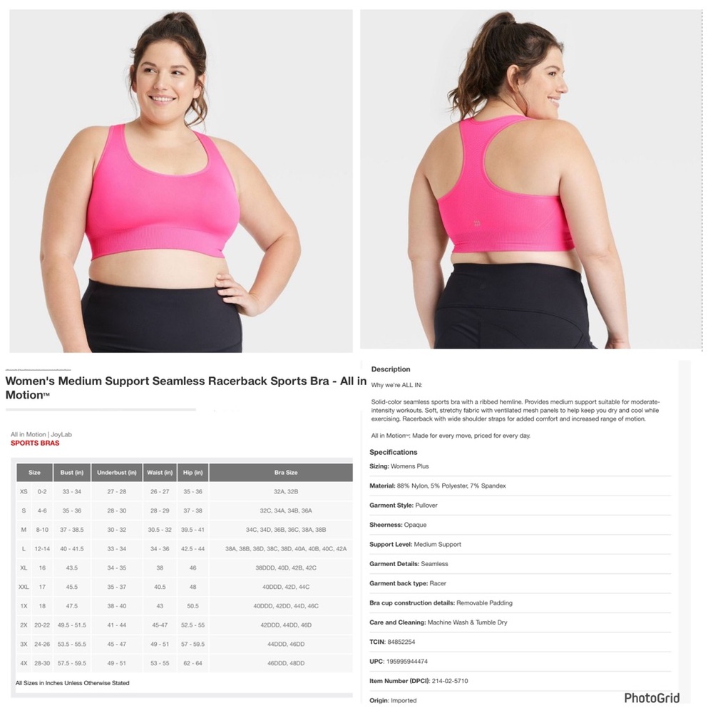 All In Motion 1X plus size neon pink seamless racerback bra athletic wear NWT